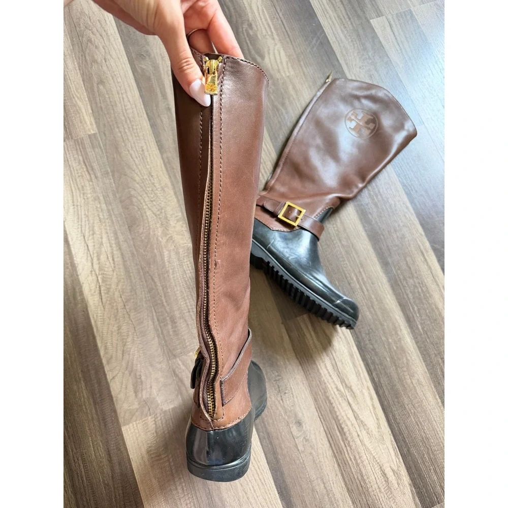 Tory Burch Rain Boots Womens Brown Black Good Tall Leather Rubber Logo Buckle